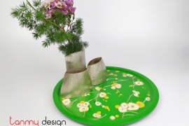 Green round lacquer tray hand-painted with peach blossom 30cm